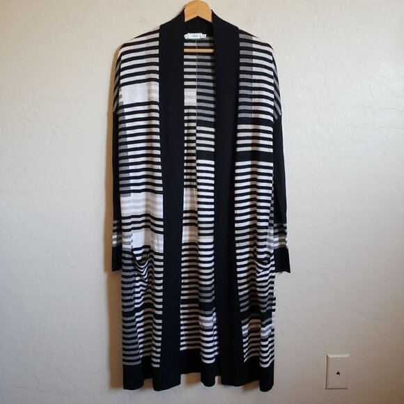 VINCE Striped Intarsia Open Front Longline Merino Wool Cardigan Multi Women's XS - Picture 1 of 10